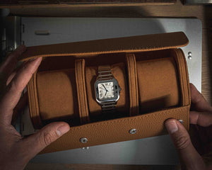 Brown watch case watchroll leather