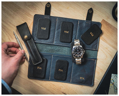 Handmade blue leather watch valet for 6 watches