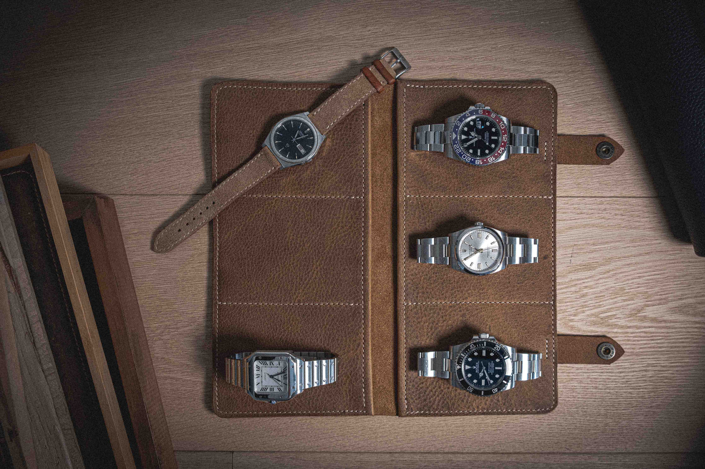 Handmade brown leather watch valet for 6 watches
