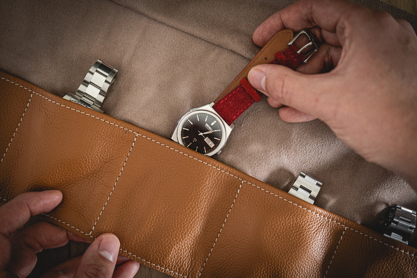 Handcrafted premium Leather Watch Roll — Five-Watch Configuration