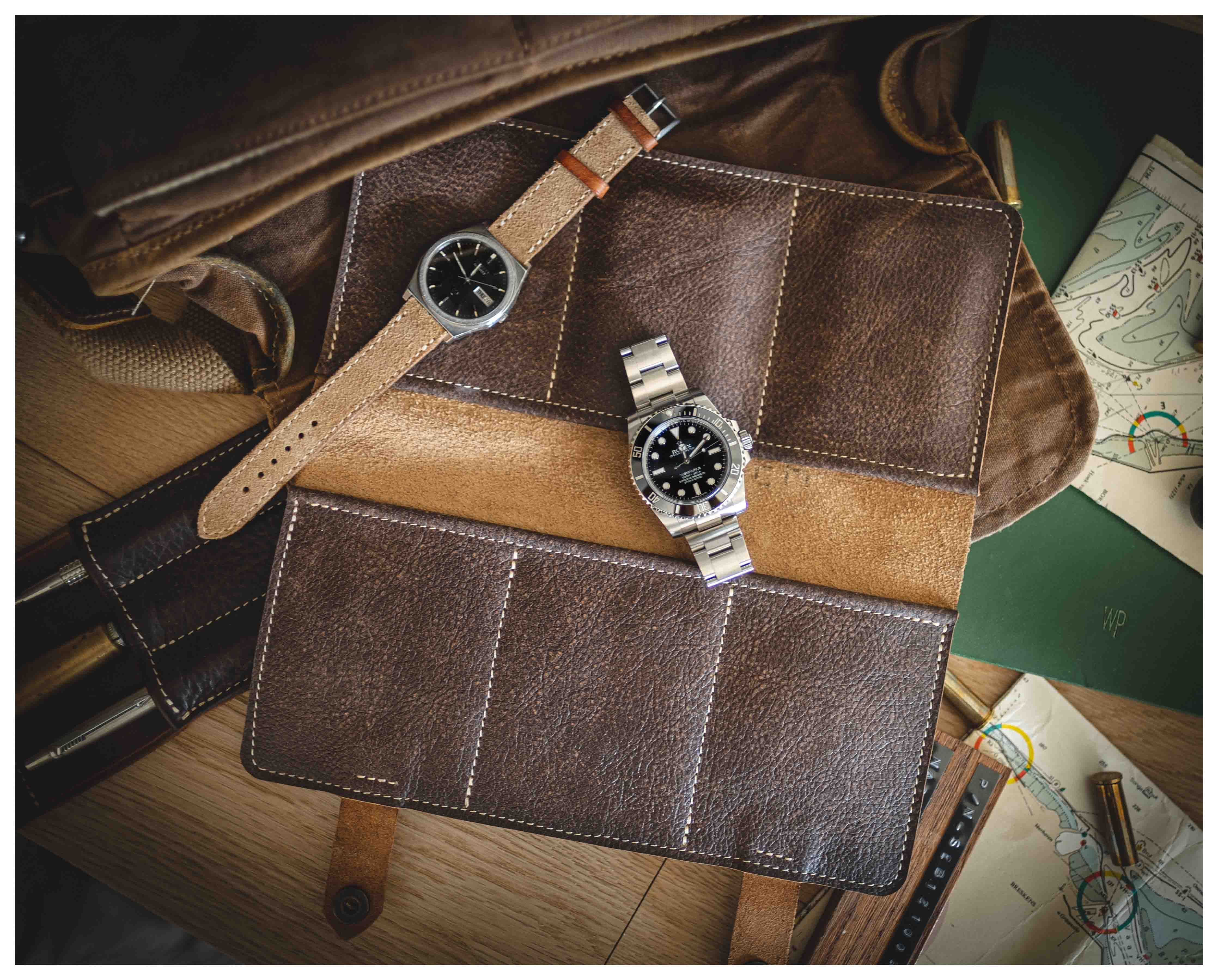Handmade dark brown leather watch valet for 6 watches