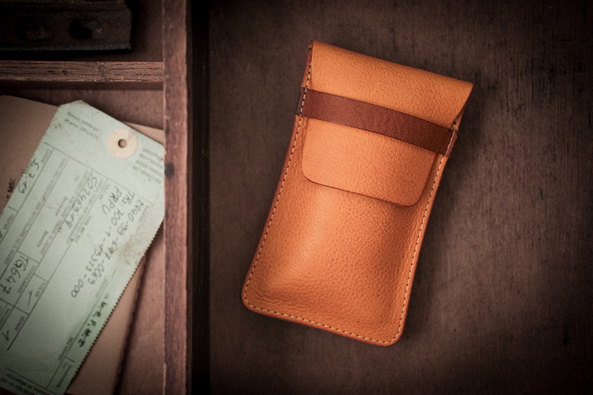SAMPLE SALE "veg tan leatherpouch yellow, strap"